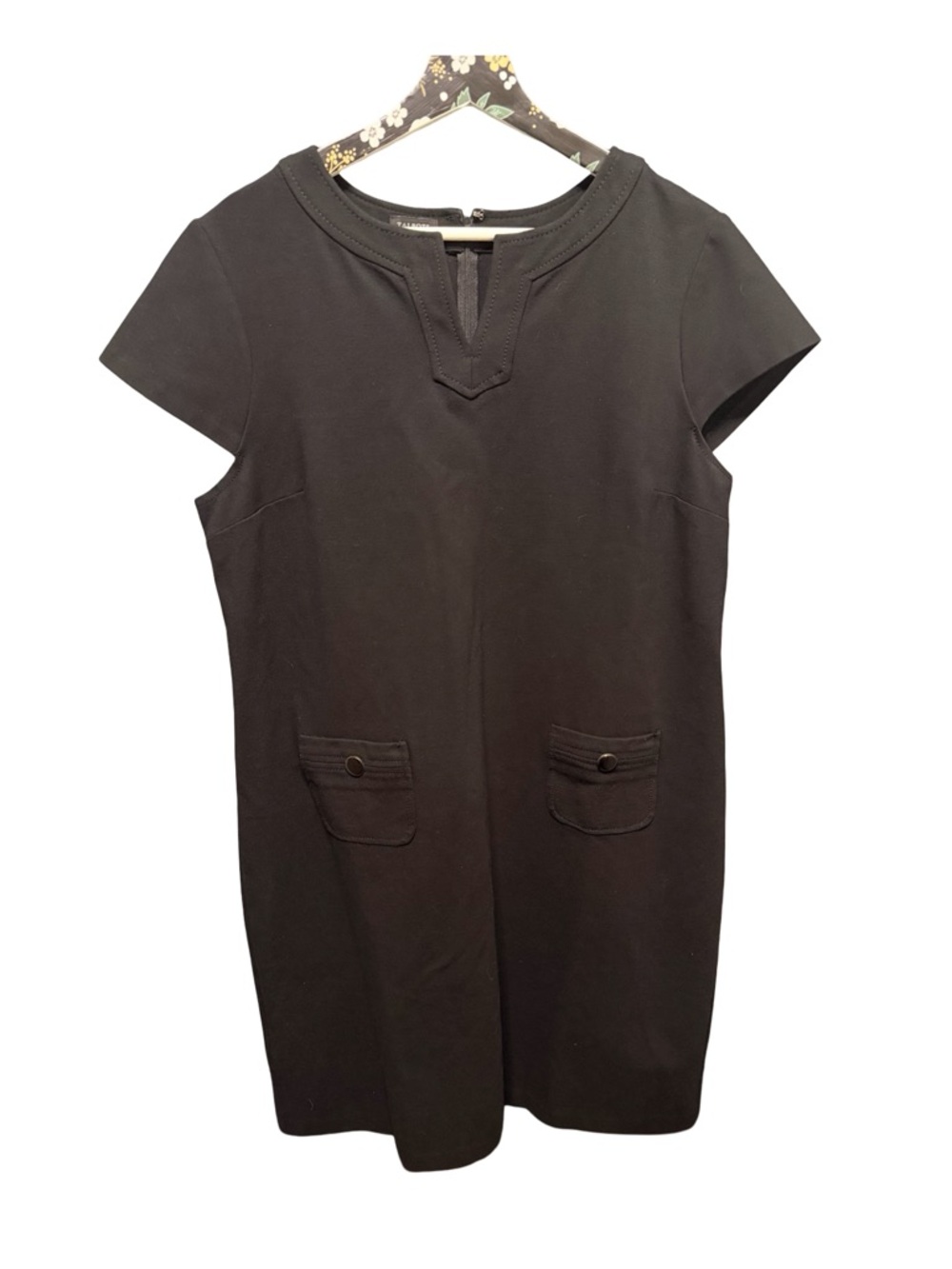 Talbots Black Shift Dress Cap Sleeve Patch Pockets Minimalist Chic LBD Size 16